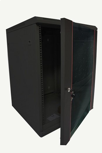 Шкаф настенный 19" чёрный 15U, стеклянная дверь, ширина 600 мм, глубина 450 мм